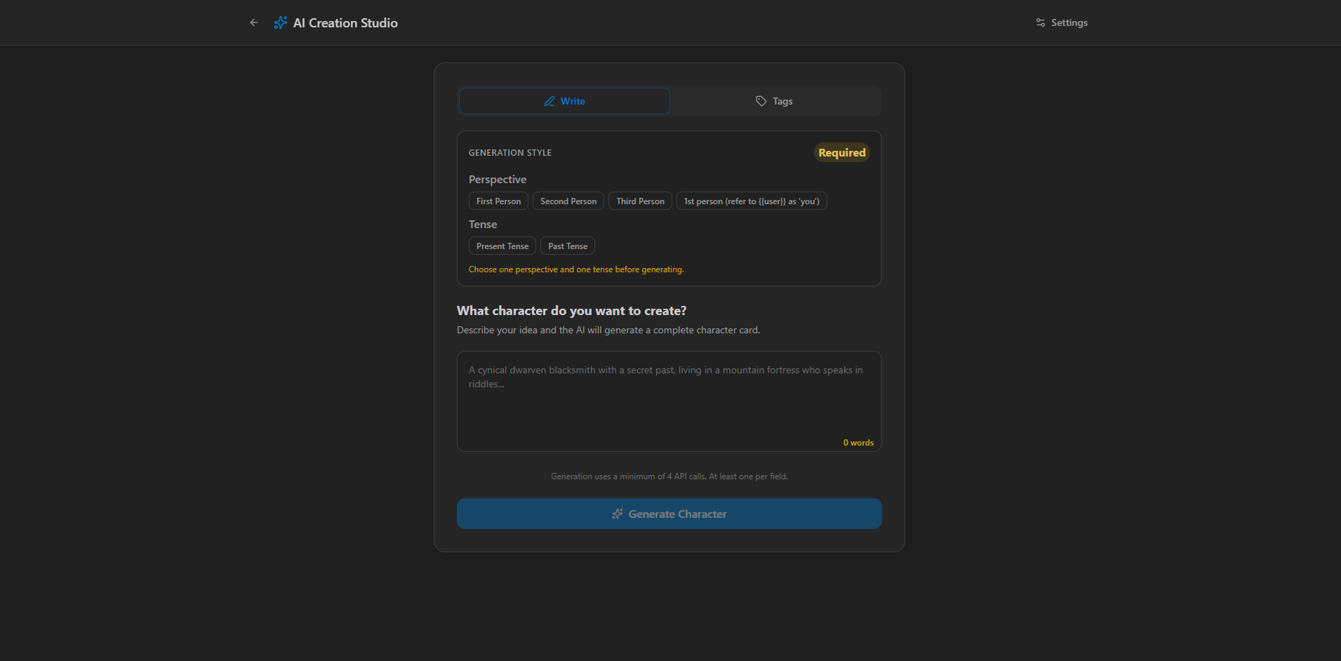 AI Creation Studio generating a character from a concept
