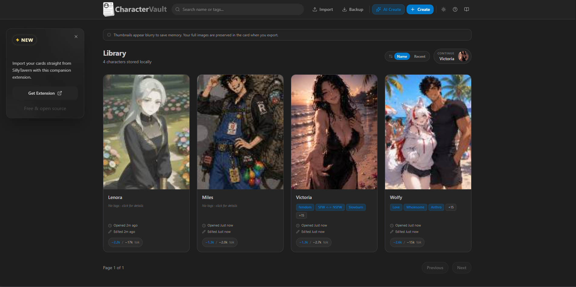 CharacterVault library view showing a grid of character cards