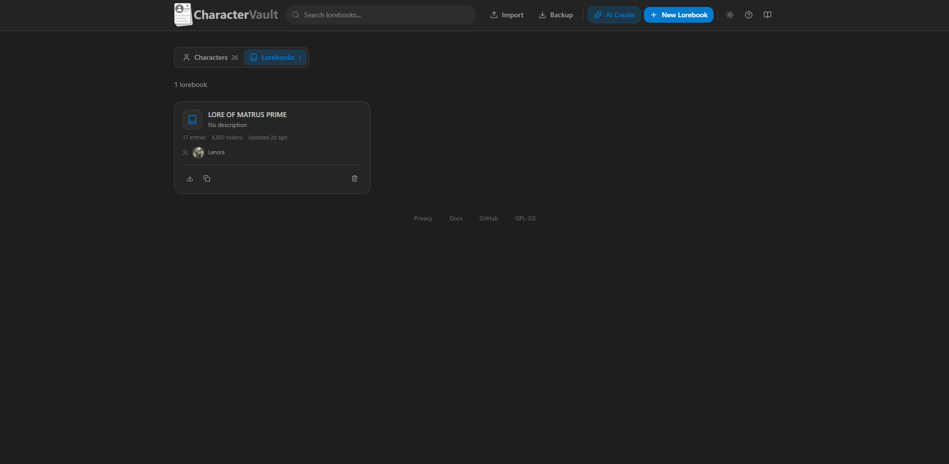 Lorebook Vault library showing standalone lorebooks beside the character vault