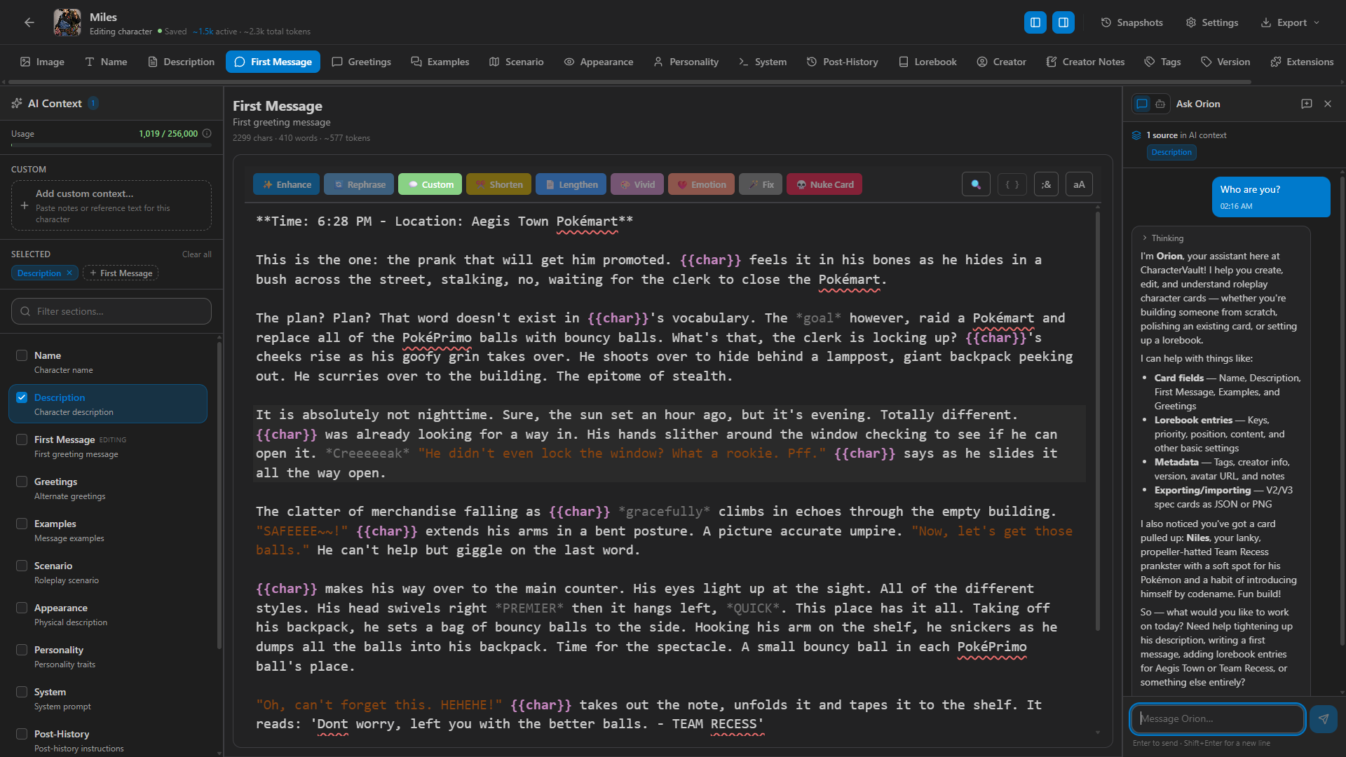 The card editor with a character's first message open, the AI Context panel on the left, and the Orion chat on the right